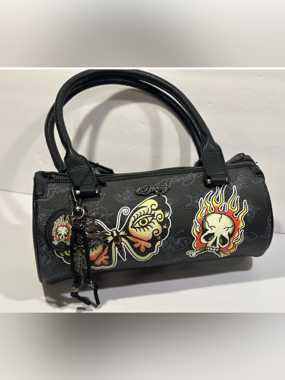Ed Hardy Black Skull & Butterfly Barrel Handbag